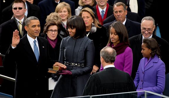 President Barack Obama is sworn in for his second term on the West Lawn of the U.S. Capitol Building at the 57th Presidential Inauguration Ceremony, Washington, D.C., Monday, January 21, 2013. (Andrew Harnik/The Washington Times)