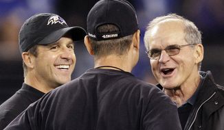 FILE - In this Nov. 24, 2011 file photo, Baltimore Ravens head coach John Harbaugh, left, and his brother, San Francisco 49ers head coach Jim Harbaugh, talk with their father, Jack, right, before their NFL football game in Baltimore. The Harbaughs, San Francisco&#39;s Jim and Baltimore&#39;s John, will be the first pair of brothers to coach against each other in the NFL title game. (AP Photo/Patrick Semansky, File)