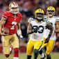 Running the zone-read scheme to peak efficiency in a divisional playoff victory over Green Bay, San Francisco’s Colin Kaepernick gained 181 yards rushing — the most ever gained in a single game by a quarterback in NFL history. (Associated Press)