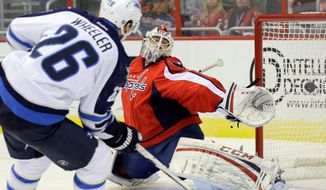 Blake Wheeler’s second-period goal against Braden Holtby on Tuesday turned out to be the game-winner as Winnipeg dealt the Capitals a 4-2 home loss. (Associated Press)