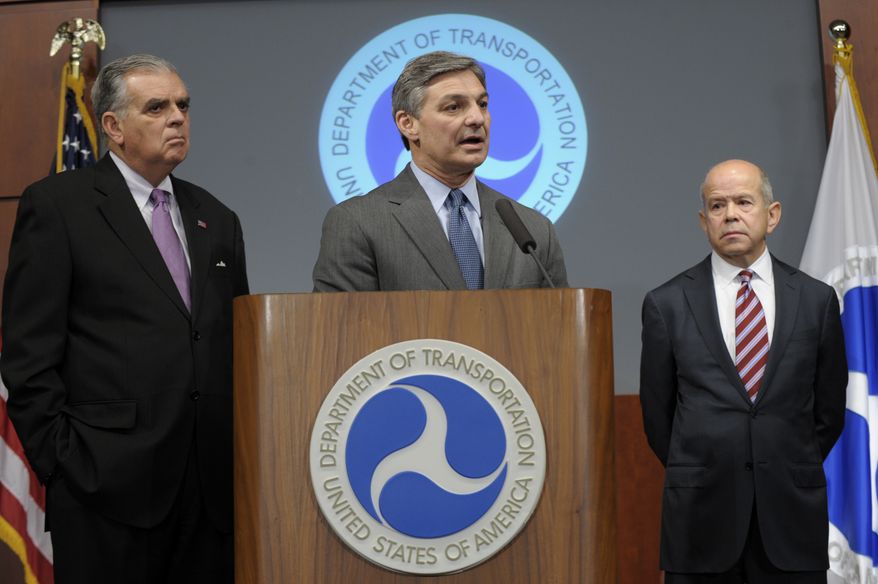 ** FILE ** Boeing Commercial Airplanes President Ray Conner (center), flanked by Transportation Secretary Ray LaHood (left) and Federal Aviation Administration chief Michael Huerta, speaks during a news conference at the Transportation Department in Washington on Friday, Jan. 11, 2013, to discuss a comprehensive review of the Boeing 787&#39;s critical systems, including its design, manufacture and assembly. (AP Photo/Susan Walsh)