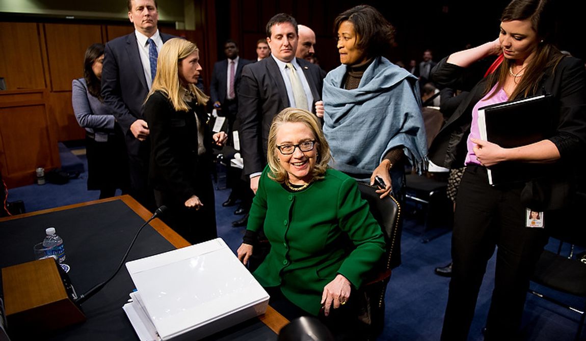Secretary of State Hillary Rodham Clinton leaves after testifying on Capitol Hill on Wednesday, Jan. 23, 2013, before the Senate Foreign Relations Committee on the Sept. 11, 2012, attacks against the U.S. Consulate in Benghazi, Libya. (Andrew Harnik/The Washington Times)