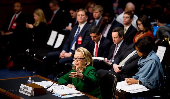 Secretary of State Hillary Rodham Clinton testifies on Capitol Hill on Wednesday, Jan. 23, 2013, before the Senate Foreign Relations Committee on the Sept. 11, 2012, attacks against the U.S. Consulate in Benghazi, Libya. (Andrew Harnik/The Washington Times)