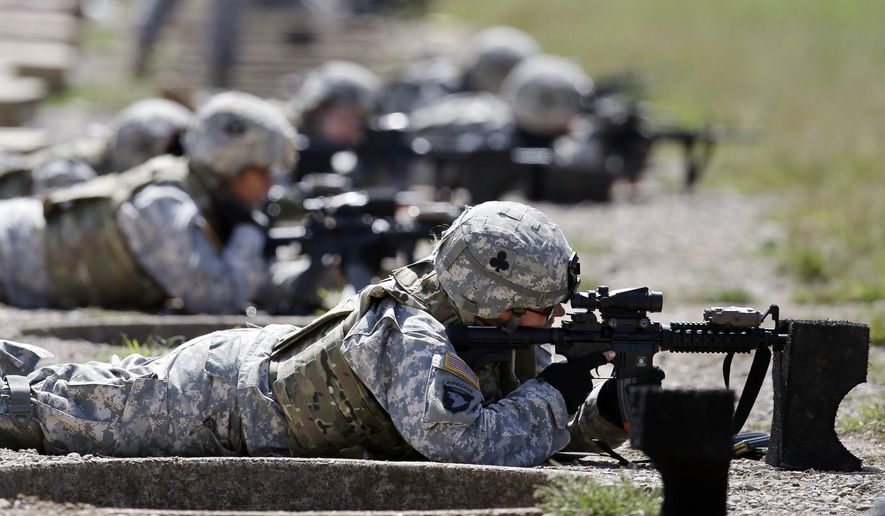 ** FILE ** Female soldiers from 1st Brigade Combat Team, 101st Airborne Division train on a firing range while testing new body armor in Fort Campbell, Ky., in preparation for their deployment to Afghanistan, Sept. 18, 2012. (AP Photo/Mark Humphrey, File)