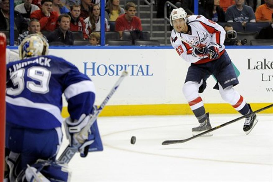Washington Capitals center Jay Beagle, right, takes a shot on Tampa Bay Lightning goalie Anders Lindback during the first period of an NHL hockey game Saturday, Jan. 19, 2013, in Tampa, Fla. (AP Photo/Brian Blanco)
