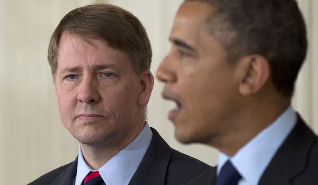 **FILE** Richard Cordray stands left as President Obama announces in the State Dining Room of the White House on Jan. 24, 2013, that he will re-nominate Cordray to lead the Consumer Financial Protection Bureau, a role that he has held for the last year under a recess appointment, and nominate Mary Joe White to lead the Security and Exchange Commission (SEC). (Associated Press