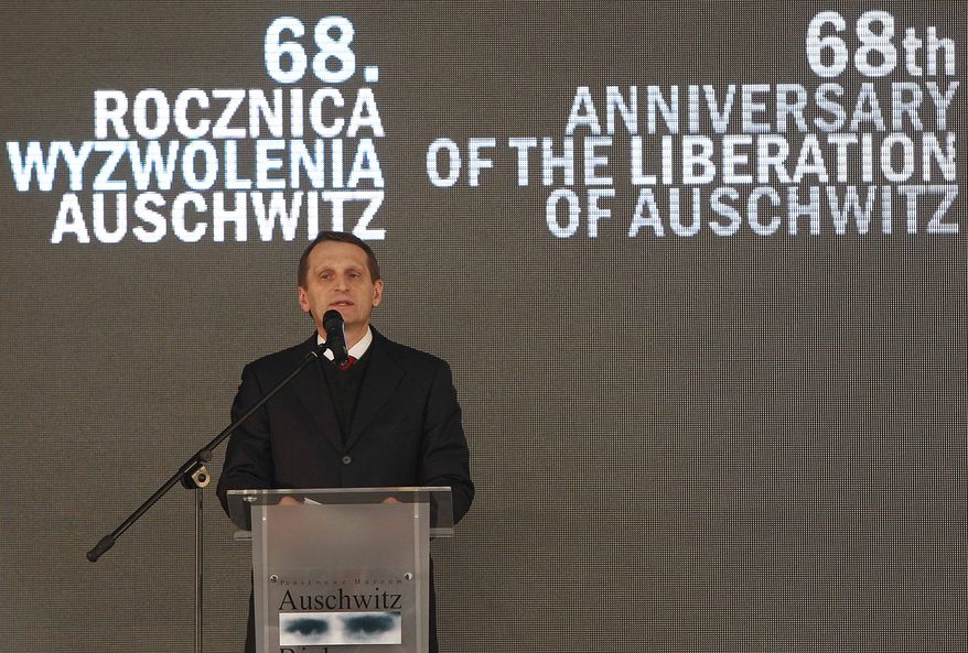 Sergey Naryshkin, speaker of the Russian Duma, attends the opening of a Russian exhibition at the Auschwitz concentration camp in Oswiecim, Poland, on Sunday, Jan. 27, 2013. In remembrance of the victims of the Holocaust, the ceremony marked the 68th anniversary of the liberation of the Auschwitz concentration camp by Russian soldiers. (AP Photo/Czarek Sokolowski)