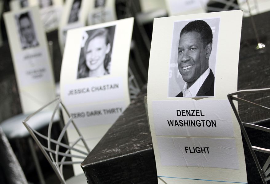 Seating placards for the 19th annual Screen Actors Guild Awards are pictured at the Shrine Auditorium in Los Angeles on Saturday, Jan. 26, 2013. The awards will be presented on Sunday. (Matt Sayles/Invision/AP)