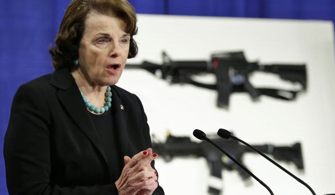 **FILE** Sen. Dianne Feinstein seeks to reimpose weapons bans that expired in 2004. The California Democrat’s current bill would go further than her 1994 law, which was sunsetted. (Associated Press)