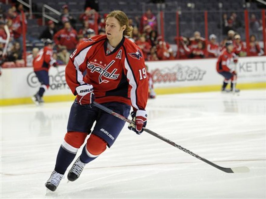 Washington Capitals center Nicklas Backstrom (19), of Sweden, skates during warmups before an NHL hockey game against the Montreal Canadiens, Thursday, Jan. 24, 2013, in Washington. (AP Photo/Nick Wass)