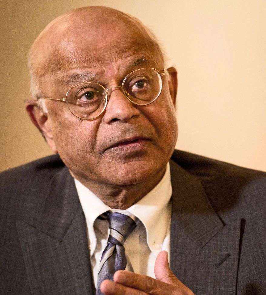 **FILE** Natwar M. Gandhi, chief financial officer of the District of Columbia, responds to questions during an interview in Washington on April 9, 2012. (The Washington Times)