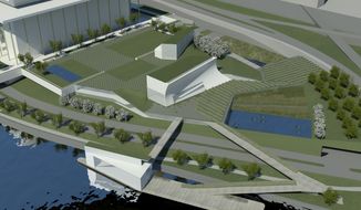 The first major expansion of the Kennedy Center will include rehearsal halls and classrooms, a memorial garden, and a stage floating on the Potomac River&#x27;s edge for outdoor performances. (Kennedy Center via Associated Press)