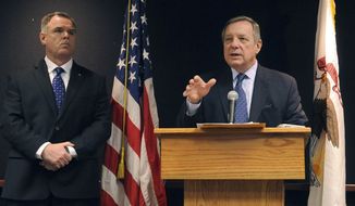 Sen. Dick Durbin, D-Ill., appearing with Chicago Police Superintendent Garry McCarthy, left, speaks at a news conference in Chicago, Friday, Jan. 25, 2013, in his push to pass two new gun laws, including one he co-sponsored that would ban assault weapons. (AP Photo/Chicago Sun-Times, Brian Jackson) 

