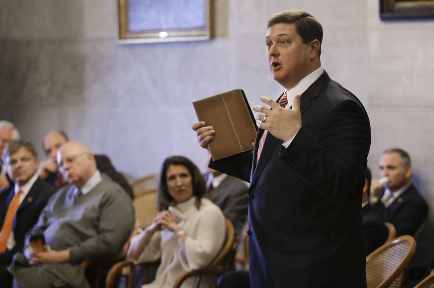 Rep. Vance Dennis, R-Savannah, speaks out against Speaker Beth Harwell's proposal to limit each lawmaker to introducing ten bills per year during a House Republican caucus meeting on the opening day of the 108th General Assembly on Tuesday, Jan. 8, 2013, in Nashville, Tenn. (AP Photo/Mark Humphrey)