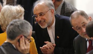 Iranian Foreign Minister Ali Akbar Salehi (center) arrives for the 49th Munich Security Conference on Sunday, Feb. 3, 2013, in Munich. (AP Photo/Matthias Schrader)