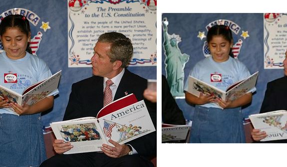 President Bush listens to Nancy Jara read during a visit to the Association for the Advancement of Mexican Americans Headquarters Summer Reading Camp Friday, June 14, 2002, in Houston . The President during his visit said the terrorists who conducted the car bombing at the U.S. consulate in Karachi Pakistan &quot; are radical killers&quot; with no regard for human life. (AP Photo/Rick Bowmer)Picture: A widely-circulated photo appeared to show President George W. Bush holding a picture book upside down while reading with children during a 2002 Houston school visit.Controversy: The photo gave visual ammunition to Mr. Bush&amp;#226;&amp;#8364;&amp;#8482;s detractors and political opponents, many of whom caricatured the president as, well, not so bright.Verdict: Fake. Comparison to an original Associated Press photograph shows that the book&amp;#226;&amp;#8364;&amp;#8482;s &amp;#226;&amp;#8364;&amp;#339;upside-down&amp;#226;&amp;#8364; cover was digitally altered.