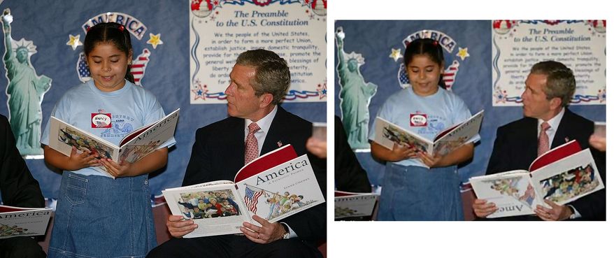 President Bush listens to Nancy Jara read during a visit to the Association for the Advancement of Mexican Americans Headquarters Summer Reading Camp Friday, June 14, 2002, in Houston . The President during his visit said the terrorists who conducted the car bombing at the U.S. consulate in Karachi Pakistan " are radical killers" with no regard for human life. (AP Photo/Rick Bowmer)
Picture: A widely-circulated photo appeared to show President George W. Bush holding a picture book upside down while reading with children during a 2002 Houston school visit.
Controversy: The photo gave visual ammunition to Mr. Bush’s detractors and political opponents, many of whom caricatured the president as, well, not so bright.
Verdict: Fake. Comparison to an original Associated Press photograph shows that the book’s “upside-down†cover was digitally altered.