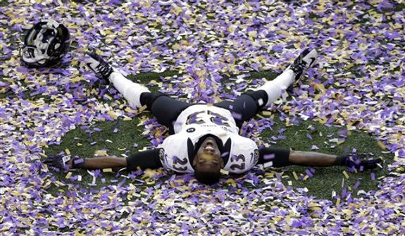 Baltimore Ravens defensive back Chykie Brown (23) celebrates after the NFL Super Bowl XLVII football game against the San Francisco 49ers, Sunday, Feb. 3, 2013, in New Orleans. The Ravens won 34-31. (AP Photo/Charlie Riedel)