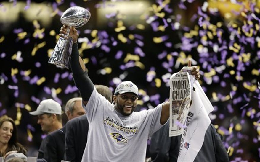 Baltimore Ravens linebacker Ray Lewis (52) celebrates after defeating the San Francisco 49ers 34-31 in the NFL Super Bowl XLVII football game Sunday, Feb. 3, 2013, in New Orleans. (AP Photo/Evan Vucci)