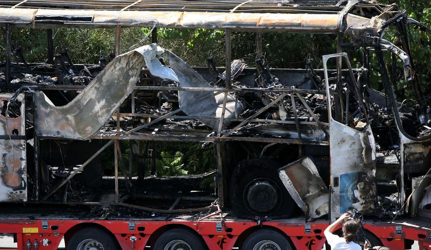 On July 19, 2012, a bomb on a bus taking Israelis from the airport in Sofia, Bulgaria, to their hotel at a Black Sea resort killed five of the tourists and the driver. Bulgarian officials said Tuesday that Hezbollah terrorists were behind the attack. (Impact Press Group via Associated Press)