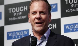 Actor Kiefer Sutherland speaks about his TV drama &quot;Touch&quot; during a press conference in Tokyo on Monday, Sept. 3, 2012. (AP Photo/Koji Sasahara)