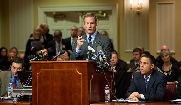 Maryland Governor Martin O&#39;Malley testifies at a Judicial Proceedings Committee hearing to urge state lawmakers to pass legislation requiring residents to obtain a license before purchasing a handgun, ban assault weapons, limit magazine capacities to 10 rounds and require prospective gun buyers to complete a safety course and pay a $100 application fee, Annapolis, Md., Wednesday, February 6, 2013. (Andrew Harnik/The Washington Times)