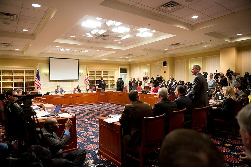 Maryland Governor Martin O'Malley testifies at a Judicial Proceedings Committee hearing to urge state lawmakers to pass legislation requiring residents to obtain a license before purchasing a handgun, ban assault weapons, limit magazine capacities to 10 rounds and require prospective gun buyers to complete a safety course and pay a $100 application fee, Annapolis, Md., Wednesday, February 6, 2013. (Andrew Harnik/The Washington Times)