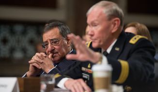 Secretary of Defense Leon E. Panetta (left) and Chairman of the Joint Chiefs of Staff General Martin E. Dempsey (right) testify Feb. 7, 2013, on Capitol Hill before the United States Committee on Armed Services to answer questions on the Department of Defense response to the attack on U.S. facilities in Benghazi, Libya. (Andrew Harnik/The Washington Times)