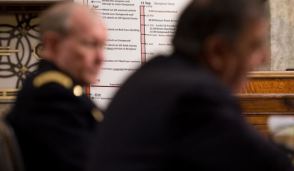A chart with the time line of the Benghazi attacks can be seen next to Secretary of Defense Leon E. Panetta (right) and Army Gen. Martin E. Dempsey (left), chairman of the Joint Chiefs of Staff, as they testify before the Senate Armed Services Committee on Capitol Hill in Washington on Thursday, Feb. 7, 2013, on the Defense Department&#39;s response to the attack on U.S. facilities in Benghazi, Libya. (Andrew Harnik/The Washington Times)