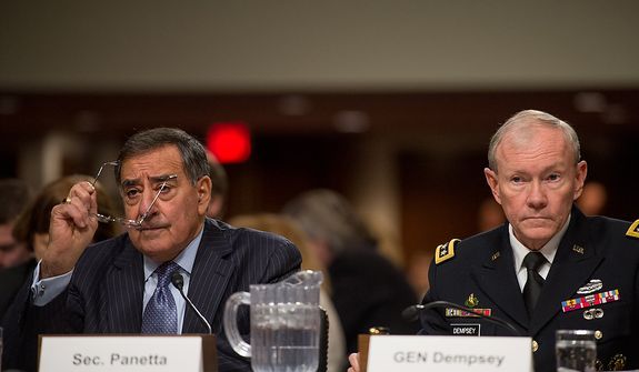 Secretary of Defense Leon E. Panetta (left) and Army Gen. Martin E. Dempsey (right), chairman of the Joint Chiefs of Staff, testify before the Senate Armed Services Committee on Capitol Hill in Washington on Thursday, Feb. 7, 2013, on the Defense Department&#39;s response to the attack on U.S. facilities in Benghazi, Libya. (Andrew Harnik/The Washington Times)