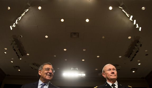 Secretary of Defense Leon E. Panetta (left) and Army Gen. Martin E. Dempsey (right), chairman of the Joint Chiefs of Staff, arrive to testify before the Senate Armed Services Committee on Capitol Hill in Washington on Thursday, Feb. 7, 2013, on the Defense Department&#39;s response to the attack on U.S. facilities in Benghazi, Libya. (Andrew Harnik/The Washington Times)