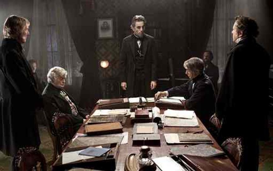 Daniel Day-Lewis, center rear, plays Abraham Lincoln, in a scene from the film, "Lincoln." U.S. Rep. Joe Courtney, a Connecticut Democrat who saw a flaw in the movie, says he is pleased the screenwriter has conceded an inaccuracy in its portrayal of an 1865 vote on slavery. (AP Photo/DreamWorks, Twentieth Century Fox, David James, File)