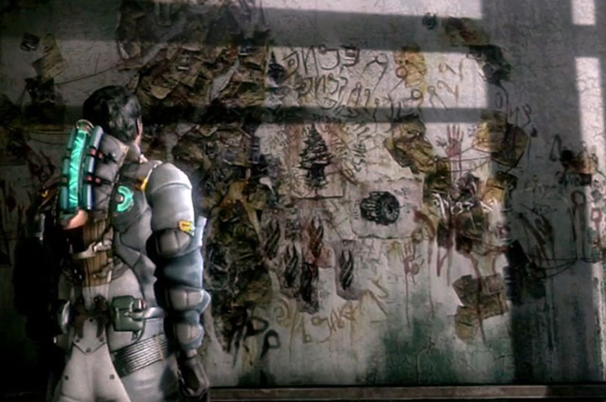 Engineer Isaac Clarke deciphers the riddles of an ancient species in the video game Dead Space 3.