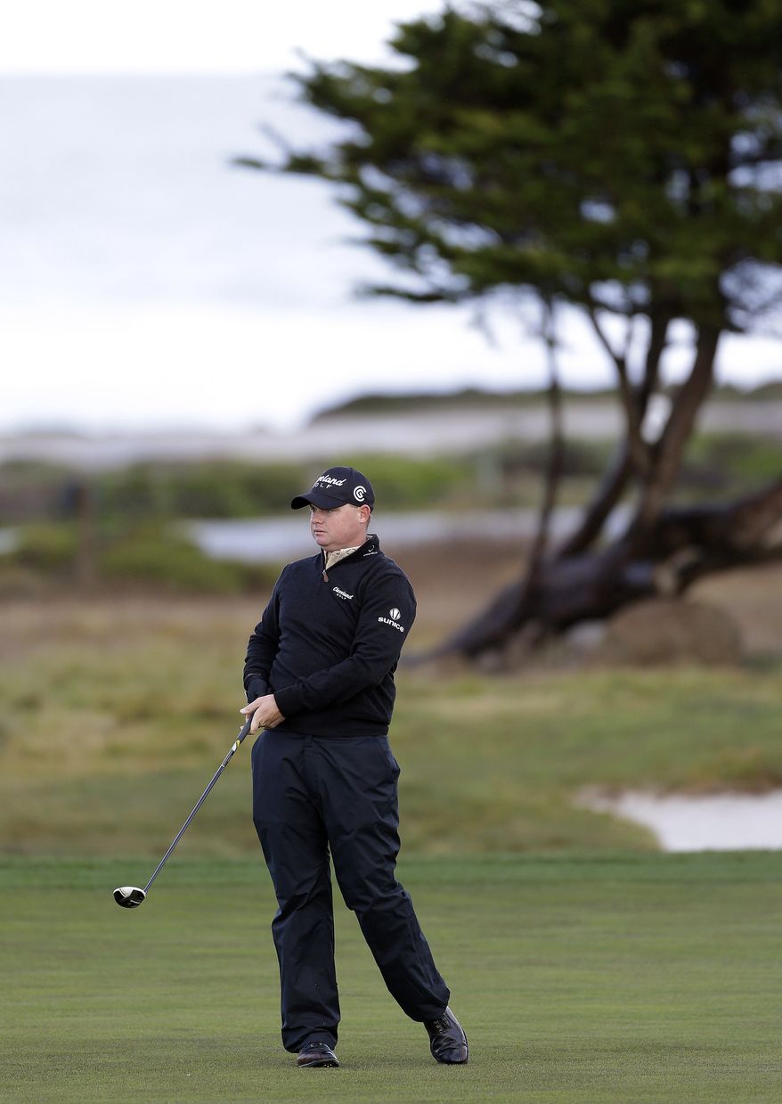 Ted Potter Jr. follows his shot from the 12th fairway of the Monterey Peninsula Country Club Shore Course during the second round of the AT&T Pebble Beach Pro-Am golf tournament on Friday, Feb. 8, 2013 in Pebble Beach, Calif. (AP Photo/Eric Risberg)