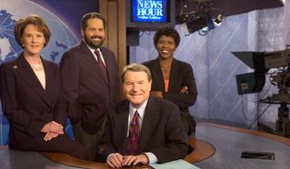 PBS is the sole TV news outlet not distrusted by a plurality of respondents to a poll released last week. In 2004, host Jim Lehrer (seated) is shown on the set of PBS’ “The News Hour” with (from left) Margaret Warner, Ray Suarez and Gwen Ifill. (PBS and The News Hour via Associated Press)