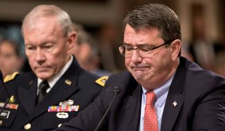 Joint Chiefs of Staff Chairman Gen. Martin E. Dempsey (left) joins Deputy Defense Secretary Ashton B. Carter on Capitol Hill on Tuesday to tell lawmakers about the potential effects of the looming and “potentially tragic” cuts to the defense budget. (Associated Press)