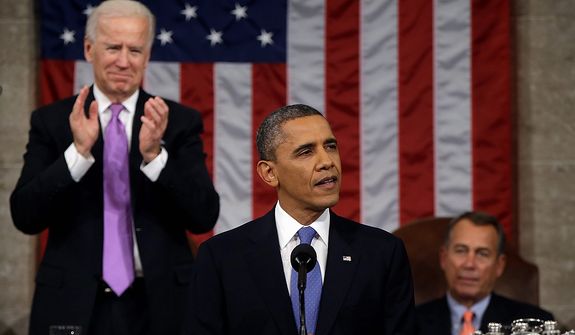 Vice President Joe Biden applauds as President Barack Obama gives his State of the Union address during a joint session of Congress on Capitol Hill in Washington, Tuesday Feb. 12, 2013. House Speaker John Boehner of Ohio sits at right. (AP Photo/Charles Dharapak, Pool)