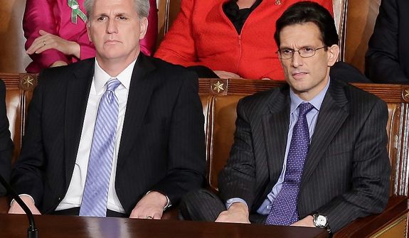 House Majority Whip Kevin McCarthy of Calif. left, and House Majority Leader Eric Cantor listen during President Barack Obama&#39;s State of the Union address during a joint session of Congress on Capitol Hill in Washington, Tuesday Feb. 12, 2013. (AP Photo/J. Scott Applewhite)