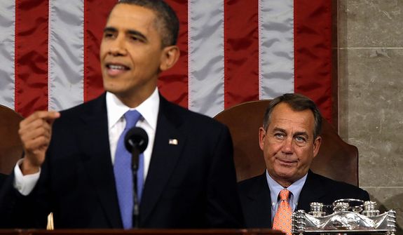 House Speaker John Boehner of Ohio listens at right as President Barack Obama gives his State of the Union address during a joint session of Congress on Capitol Hill in Washington, Tuesday Feb. 12, 2013. (AP Photo/Charles Dharapak, Pool)