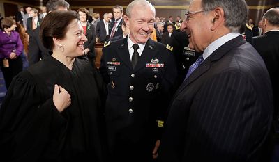 From left, Supreme Court Justice Elena Kagan, Joint Chiefs Chairman Gen. Martin Dempsey and outgoing Defense Secretary Leon Panetta talk prior to President Barack Obama&#39;s State of the Union address during a joint session of Congress on Capitol Hill in Washington, Tuesday Feb. 12, 2013. (AP Photo/Charles Dharapak, Pool)
