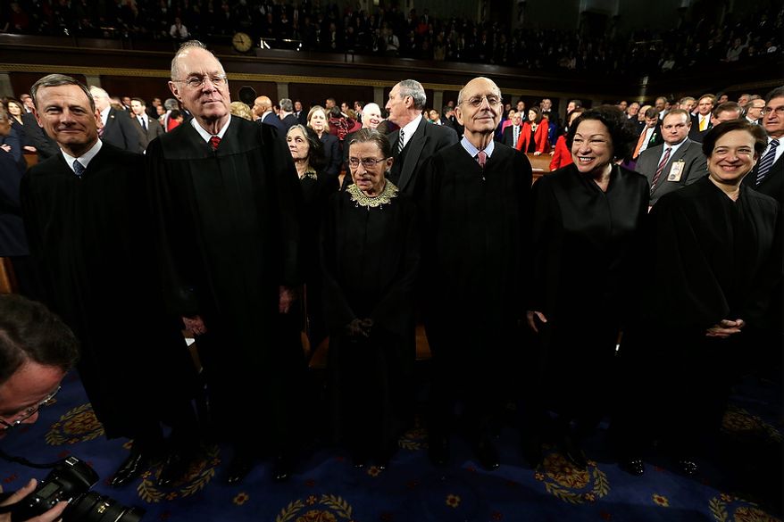 Supreme Court Justices, from left, Chief Justice John Roberts, Anthony Kennedy, Ruth Bader Ginsburg, Stephen Breyer, Sonia Sotomayor and Elena Kagan await the start of President Barack Obama&#x27;s State of the Union address during a joint session of Congress on Capitol Hill in Washington, Tuesday Feb. 12, 2013. (AP Photo/Charles Dharapak, Pool)
