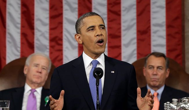 ** FILE ** President Barack Obama, flanked by Vice President Joseph R. Biden and House Speaker John A. Boehner of Ohio, gives his State of the Union address during a joint session of Congress on Capitol Hill in Washington, Tuesday, Feb. 12, 2013. (AP Photo/Charles Dharapak, Pool)