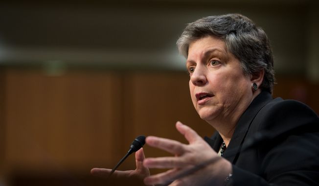 Homeland Security Secretary Janet A. Napolitano testifies on Wednesday, Feb. 13, 2013, on Capitol Hill before the Senate Committee on the Judiciary during an immigration hearing. (Andrew Harnik/The Washington Times)