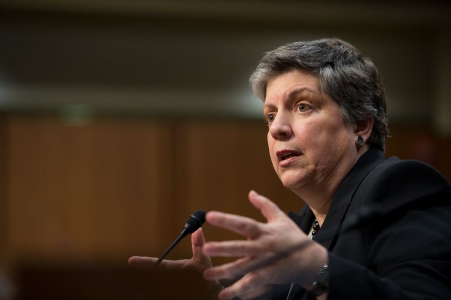Homeland Security Secretary Janet A. Napolitano testifies on Wednesday, Feb. 13, 2013, on Capitol Hill before the Senate Committee on the Judiciary during an immigration hearing. (Andrew Harnik/The Washington Times)
