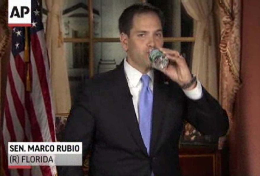 In this frame grab from video, Sen. Marco Rubio, Florida Republican, takes a sip of water during the GOP response to President Obama's State of the Union address on Tuesday, Feb. 12, 2013, in Washington. (AP Photo/Pool)