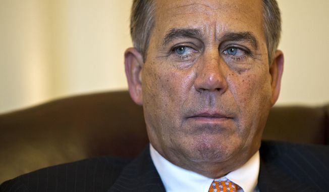 ** FILE ** Speaker of the House John Boehner, Ohio Republican, responds to President Obama&#x27;s State of the Union speech during an interview with The Associated Press at his Capitol office in Washington on Feb. 13, 2013. (Associated Press)