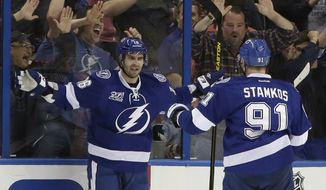 Fans of the Tampa Bay Lightning cheer as Lighting right wing Teddy Purcell (left) celebrates with fellow player Steven Stamkos (91) after scoring against the Philadelphia Flyers during the first period of an NHL hockey game on Sunday, Jan. 27, 2013, in Tampa, Fla. (AP Photo/Chris O&#x27;Meara)