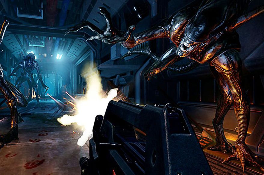 Fight off creatures in poorly lit corridors in the video game Aliens: Colonial Marines.