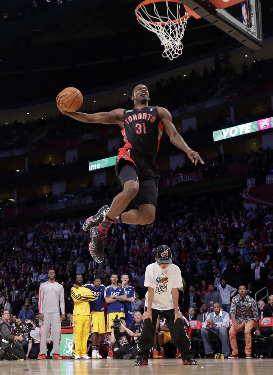 Terrence Ross of the Toronto Raptors takes his turn the slam dunk contest during NBA All-Star Saturday Night basketball Saturday, Feb. 16, 2013, in Houston. (AP Photo/Eric Gay)