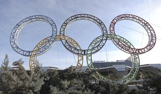 ** FILE ** The Olympic rings for the 2014 Winter Games are installed in the Black Sea resort of Sochi, Russia, on Tuesday, Sept. 25, 2012. (AP Photo/Ignat Kozlov))